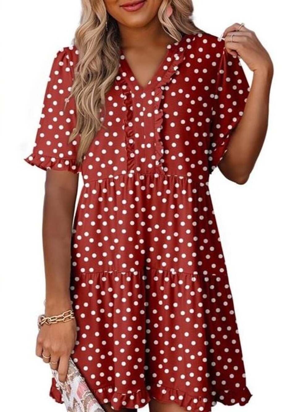 Dokotoo Polka Dot V-Neck Ruffle Dress Red